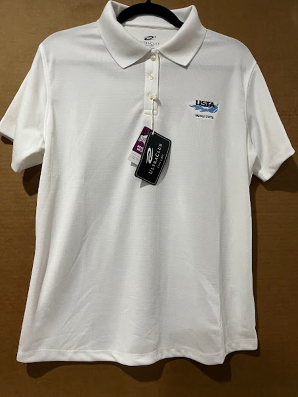 NWT UltraClub Polo Shirt Ladies USTA Middle States Logo White Size Large